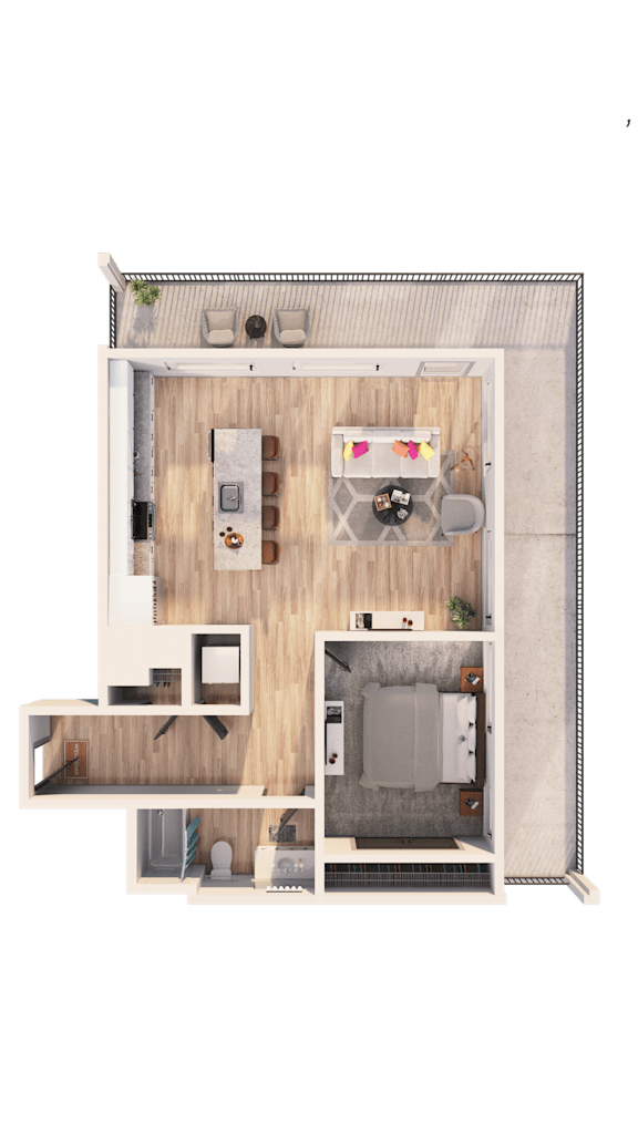 A top-down view of a house layout with a kitchen, living room, and two bedrooms.