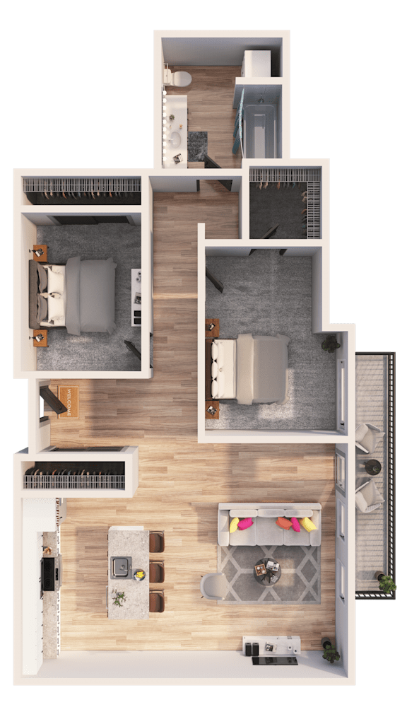 A top-down view of a house layout with a living room, kitchen, and bathroom.