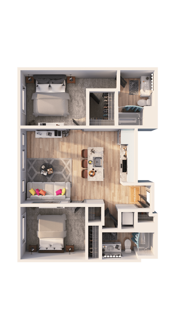 A 3D floor plan of a house with a kitchen, living room, and bedrooms.