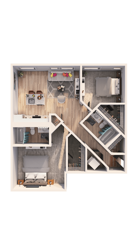 A detailed floor plan of a small apartment with a kitchen, living room, and bedroom.