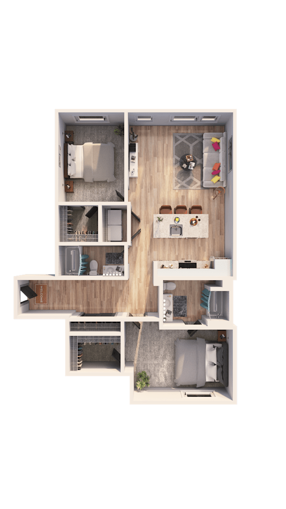 A top-down view of a small apartment layout with a kitchen, living room, and bedrooms.