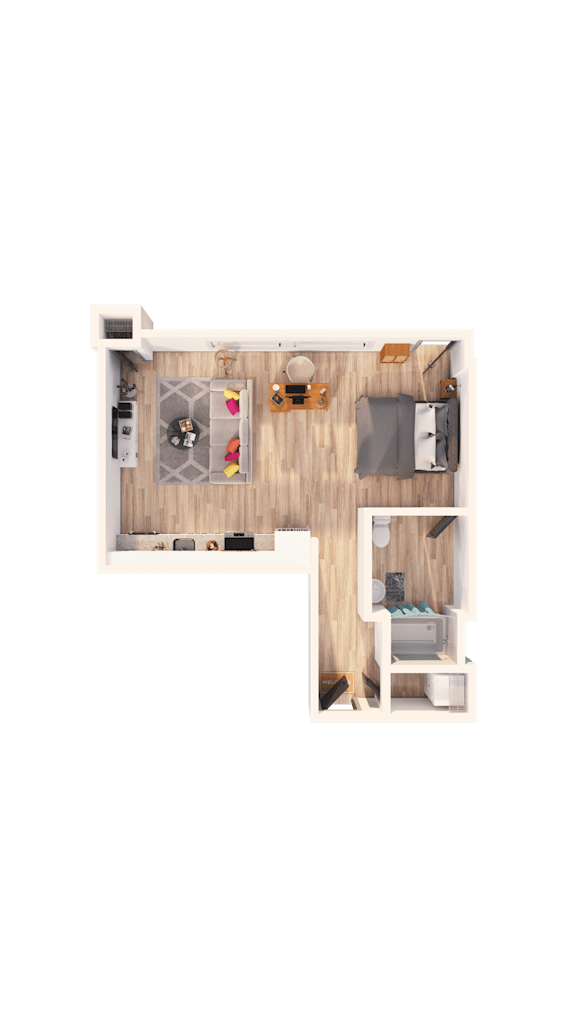 A top-down view of a small apartment layout with a kitchen, living room, and bedroom.