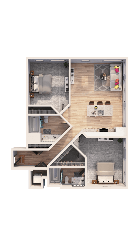 A detailed floor plan of a house with multiple rooms and furniture layouts.