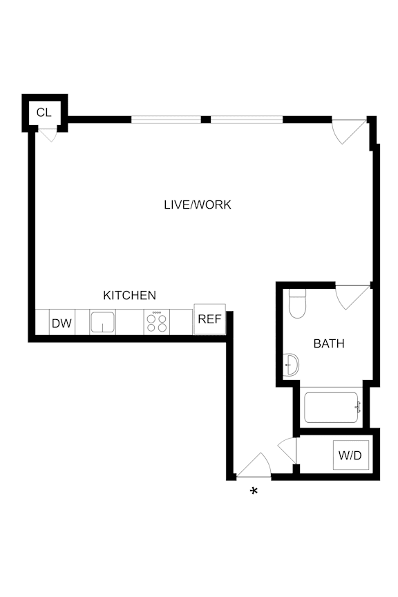 A floor plan of a home with a living/work area, kitchen, bathroom, and a work desk.