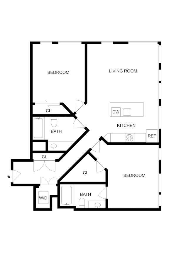 A floor plan of a house with a living room, two bedrooms, a kitchen, and two bathrooms.