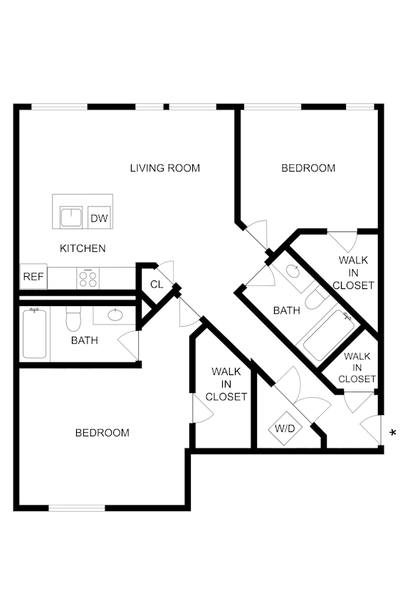 A floor plan of a small apartment with a living room, kitchen, and two bedrooms.