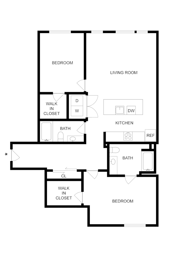 A floor plan of a house with a living room, two bedrooms, a kitchen, a bathroom, and a walk-in closet.