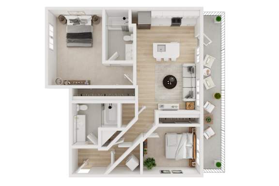 A top-down view of a small apartment with a kitchen, living room, and bathroom.