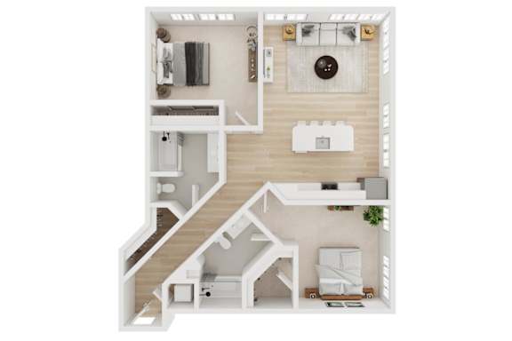 A top-down view of a small apartment with a staircase leading to the upper level.