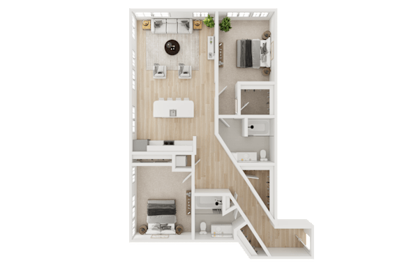 A top-down view of a house layout with a kitchen, living room, and bedrooms.