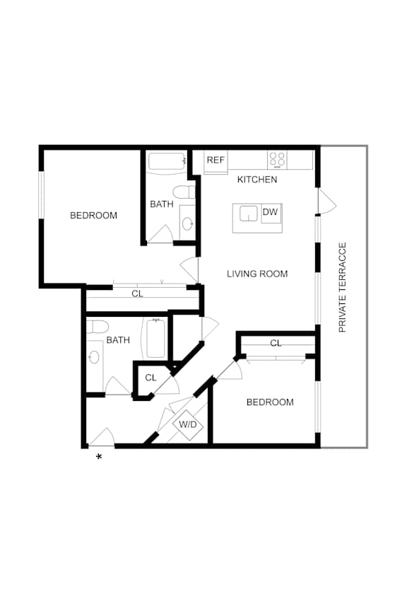 A floor plan of a house with two bedrooms, a living room, a kitchen, and a bathroom.