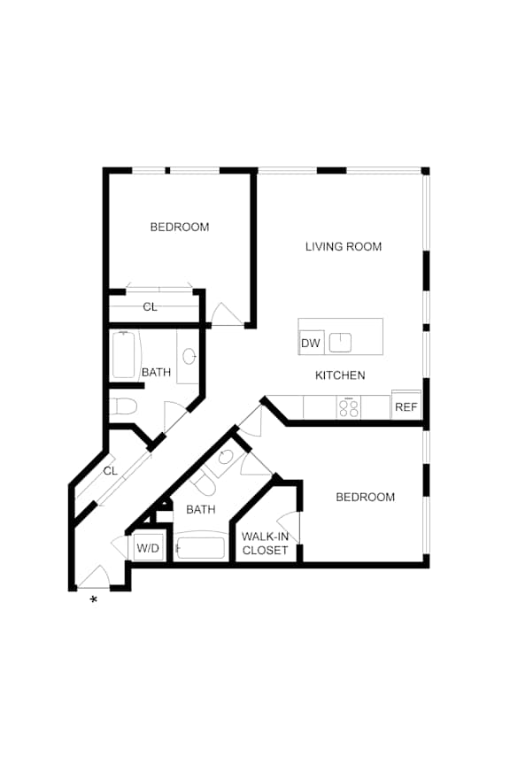 A floor plan of a house with two bedrooms, a living room, a kitchen, a bathroom, and a walk-in closet.