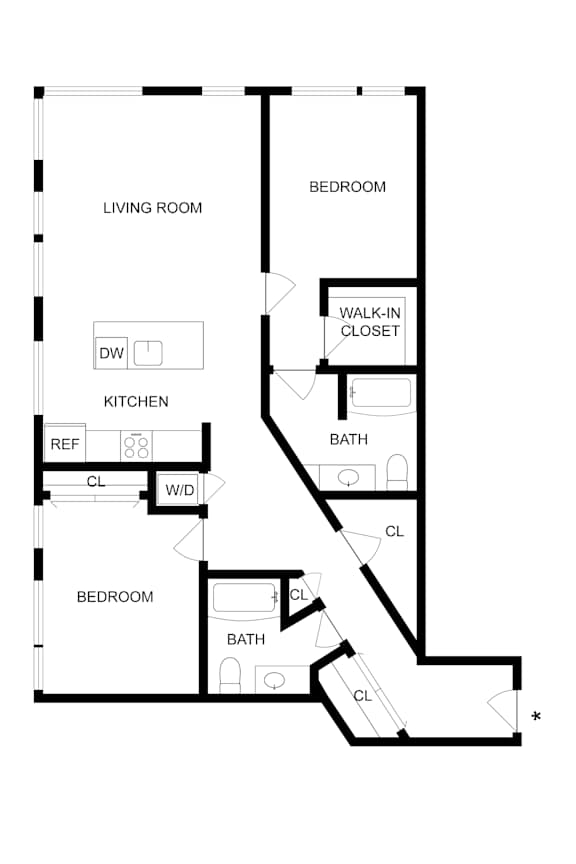 A floor plan of a home with a living room, kitchen, two bedrooms and two bathrooms.