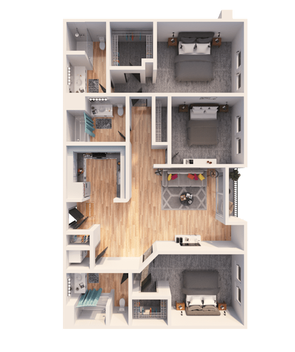 A 3D floor plan of a house with multiple rooms and furniture.