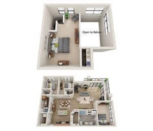Two images of a dollhouse interior with a sign that says "Open to Begin".
