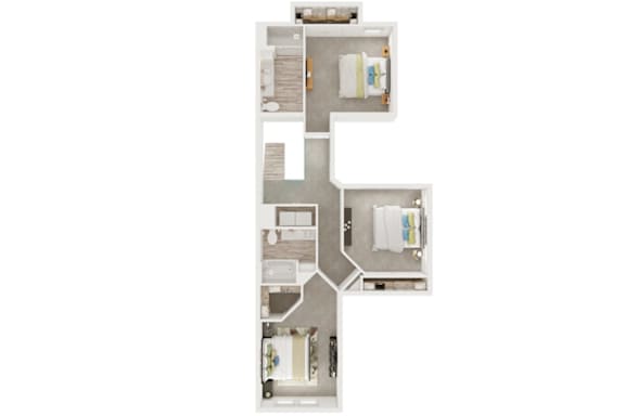 A floor plan of a house with a kitchen, living room, and three bedrooms.