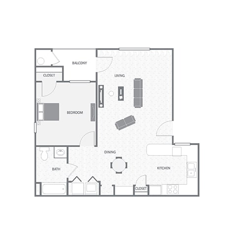 A floor plan of a house with a balcony, two bedrooms, a bathroom, a kitchen, a dining area, and two closets.
