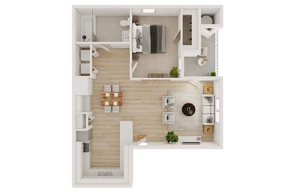 Floor Plan  A white interior design of a house with a kitchen, living room, and dining area.