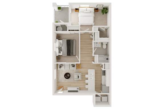 Floor Plan  A top-down view of a small apartment with a kitchen, living room, and bathroom.