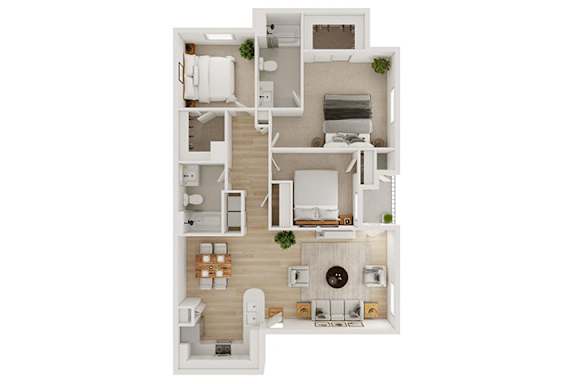 Floor Plan  A floor plan of a house with a kitchen, living room, dining room, and two bedrooms.