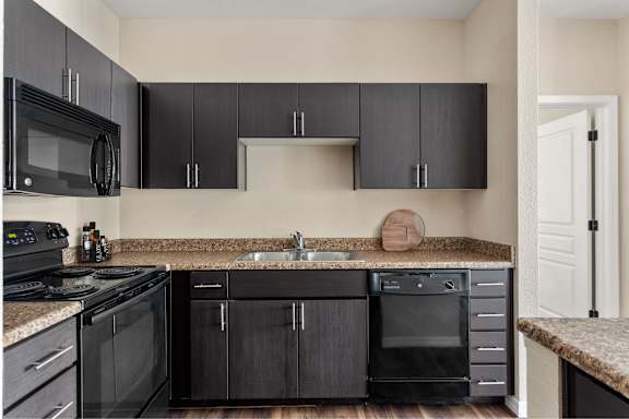 A kitchen with black cabinets and appliances.