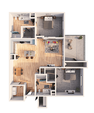 A 3D floor plan of a house with multiple rooms and furniture.