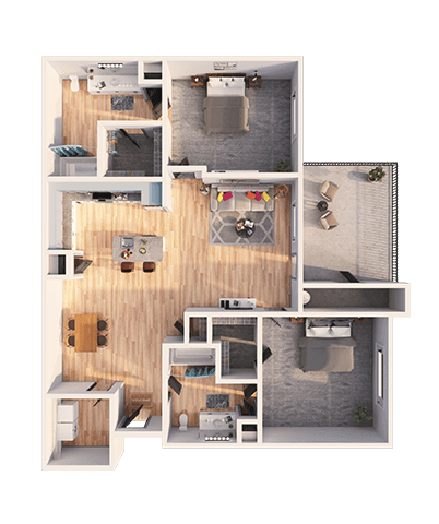 A 3D floor plan of a house with multiple rooms and furniture.