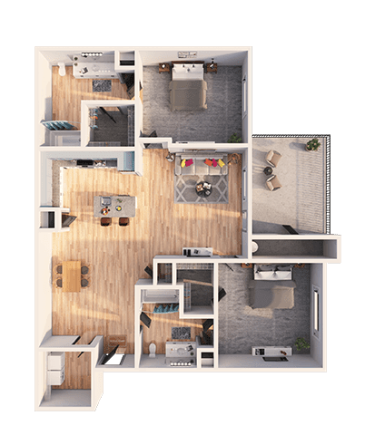 A 3D floor plan of a house with multiple rooms and furniture.
