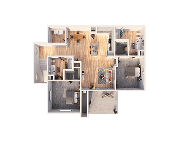 A top-down view of a house layout with multiple rooms and furniture.