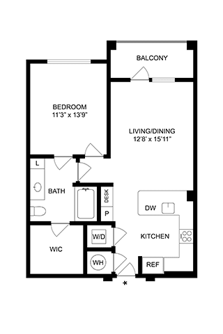 A floor plan of a small apartment with a bedroom, living room, kitchen, and bathroom.