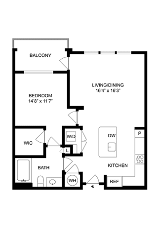 A black and white image of a floor plan for a one bedroom apartment.