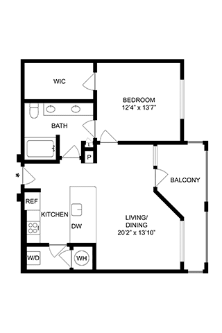 A floor plan of a small apartment with a bedroom, bathroom, living/dining area, kitchen, and a balcony.