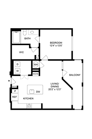 A black and white floor plan of a house with a living/dining room, kitchen, bedroom, and bathroom.