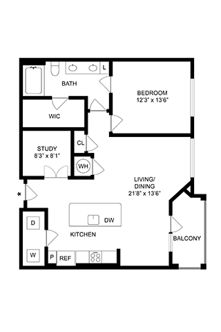 A floor plan of a house with a bedroom, study, living/dining area, kitchen, and bathroom.