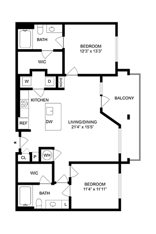 A black and white image of a floor plan for a two bedroom apartment.