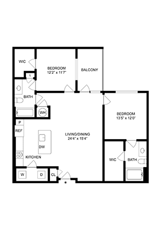 A black and white image of a floor plan for a living space.
