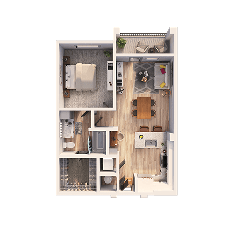A top-down view of a small apartment with a kitchen, living room, and bathroom.