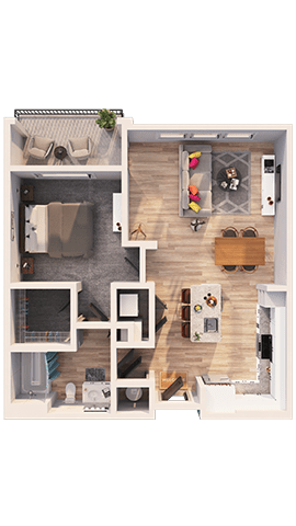 A top-down view of a small apartment with a living room, kitchen, and bedroom.