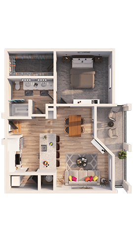 A top-down view of a house layout with a kitchen, living room, and bathroom.