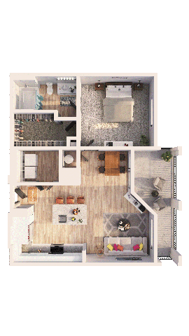 A top-down view of a house layout with a kitchen, living room, and bathroom.