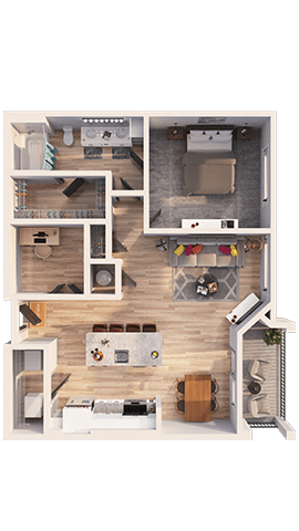 A top-down view of a house layout with a kitchen, living room, and bathrooms.