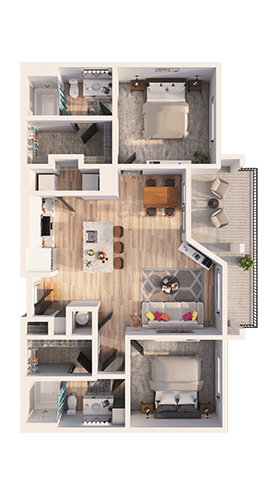 A detailed 3D floor plan of a house showing all rooms and their layouts.