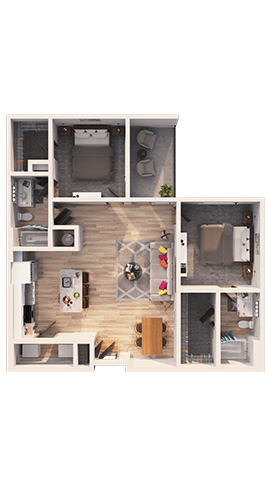 A detailed floor plan of a small apartment with a kitchen, living room, and bedrooms.