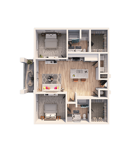 A 3D floor plan of a house with a kitchen, living room, and bedrooms.