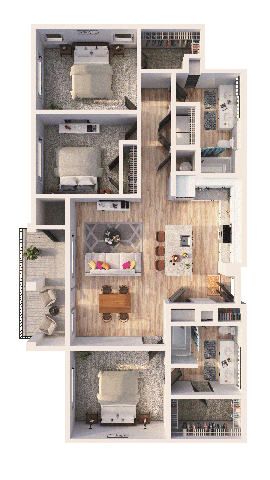 A top-down view of a house layout with multiple rooms.
