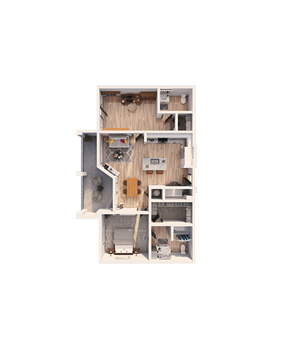 A floor plan of a house with a kitchen, living room, and two bedrooms.