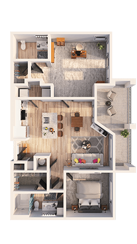 A 3D rendered image of a house layout.