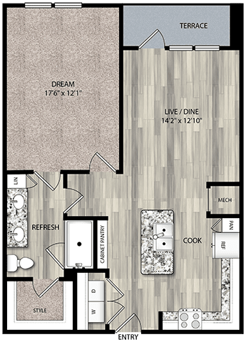 A floor plan of a house with a terrace, a dream room, a live/dine area, a refresh area, a cook area, and an entry.