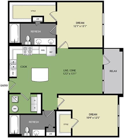 A floor plan of a house with a layout that includes a kitchen, living room, and two bedrooms.