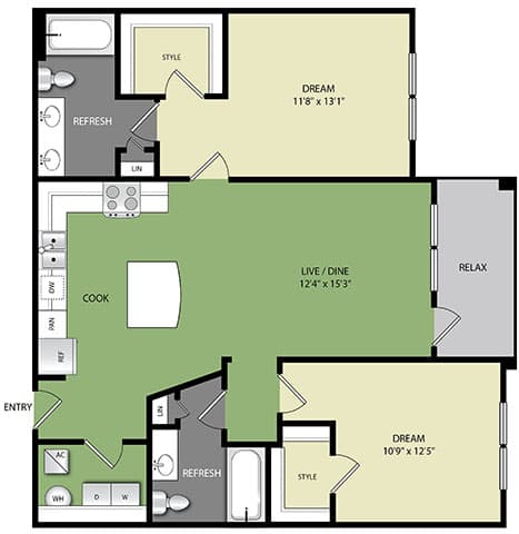 A floor plan of a house with labeled rooms such as "DREAM", "REFRESH", "LIVE/DINE", and "RELAX".